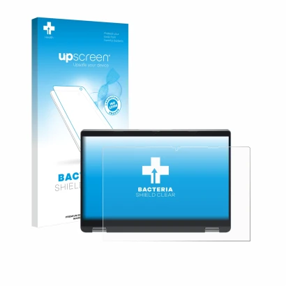 Face avant d’un emballage produit avec le logo de la marque upscreen. À côté, l’appareil Dell Latitude 5350 2-in-1 est représe
