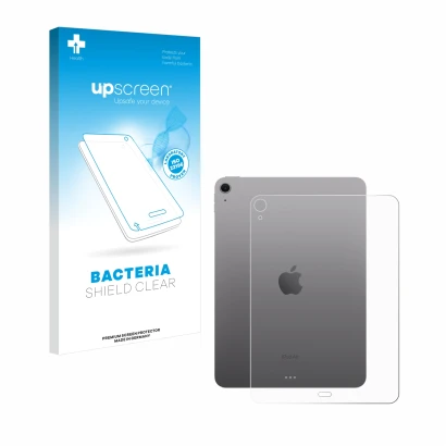 Face avant d’un emballage produit avec le logo de la marque upscreen. À côté, l’appareil Apple iPad Air 11" M2 2024 (Arrière) 