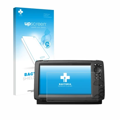 Face avant d’un emballage produit avec le logo de la marque upscreen. À côté, l’appareil Lowrance HOOK Reveal 9 est représenté