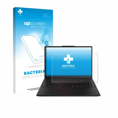 Face avant d’un emballage produit avec le logo de la marque upscreen. À côté, l’appareil Lenovo ThinkPad P16s Gen 3 est représ