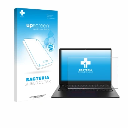 Face avant d’un emballage produit avec le logo de la marque upscreen. À côté, l’appareil Lenovo ThinkPad L13 Gen 5 est représe