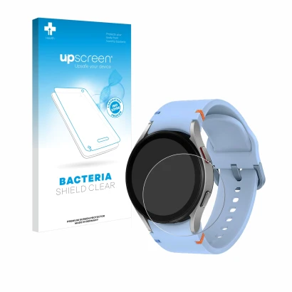 Face avant d’un emballage produit avec le logo de la marque upscreen. À côté, l’appareil Samsung Galaxy Watch FE est représent