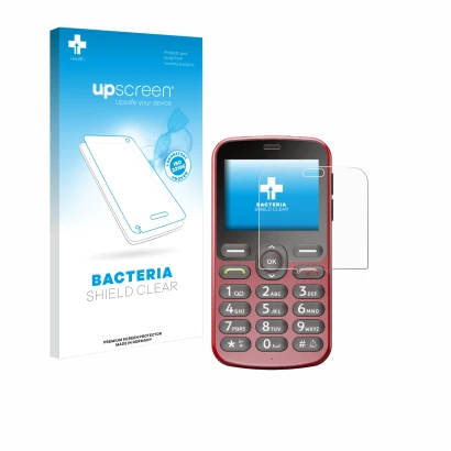 Face avant d’un emballage produit avec le logo de la marque upscreen. À côté, l’appareil Doro 1880 est représenté avec la prot