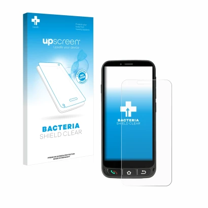 Face avant d’un emballage produit avec le logo de la marque upscreen. À côté, l’appareil SPC Zeus 4G Pro est représenté avec l