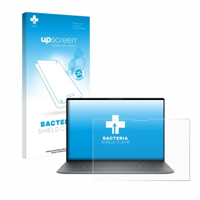 Face avant d’un emballage produit avec le logo de la marque upscreen. À côté, l’appareil Dell XPS 13 9345 est représenté avec 