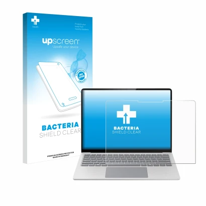 Face avant d’un emballage produit avec le logo de la marque upscreen. À côté, l’appareil Microsoft Surface Laptop 7 13.8" est 