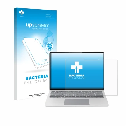 Face avant d’un emballage produit avec le logo de la marque upscreen. À côté, l’appareil Microsoft Surface Laptop 7 15