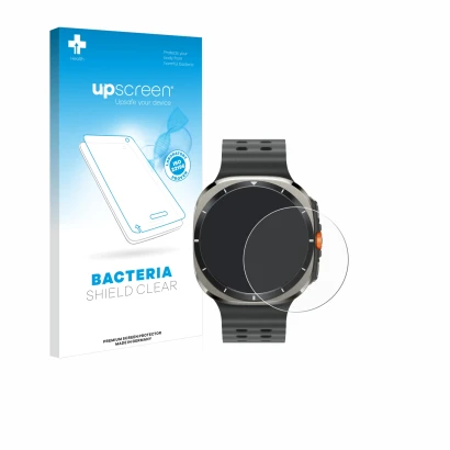 Face avant d’un emballage produit avec le logo de la marque upscreen. À côté, l’appareil Samsung Galaxy Watch Ultra (47 mm) es
