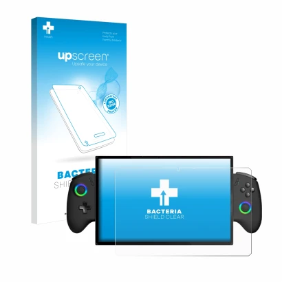 Face avant d’un emballage produit avec le logo de la marque upscreen. À côté, l’appareil OneXPlayer X1 est représenté avec la 