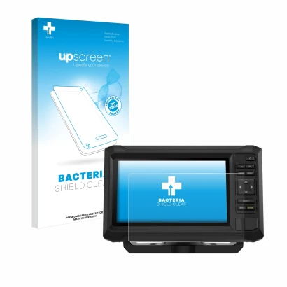 Face avant d’un emballage produit avec le logo de la marque upscreen. À côté, l’appareil Garmin ECHOMAP UHD2 7" Avec Boutons e
