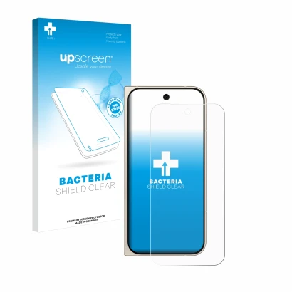 Face avant d’un emballage produit avec le logo de la marque upscreen. À côté, l’appareil Google Pixel 9 Pro Fold est représent