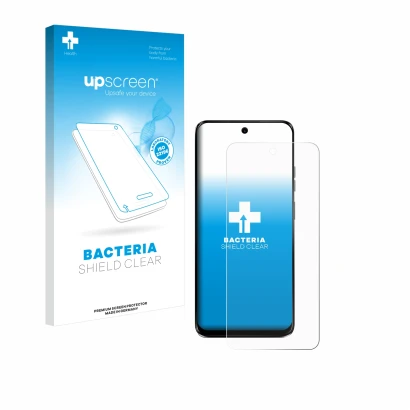 Face avant d’un emballage produit avec le logo de la marque upscreen. À côté, l’appareil Motorola G34 5G est représenté avec l
