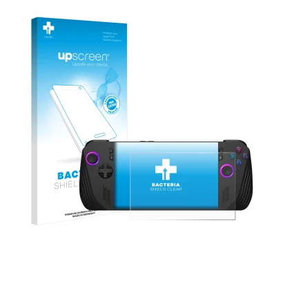 Face avant d’un emballage produit avec le logo de la marque upscreen. À côté, l’appareil ASUS ROG Ally X (2024) est représenté