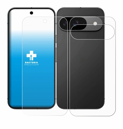 Image de l'appareil Google Pixel 9 (Avant+Arrière) avec une grande variété de protections d'écran.