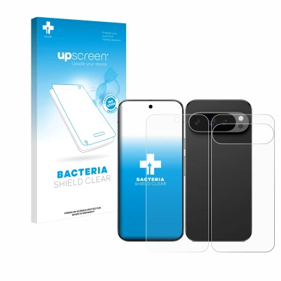 Face avant d’un emballage produit avec le logo de la marque upscreen. À côté, l’appareil Google Pixel 9 Pro XL (Avant+Arrière)