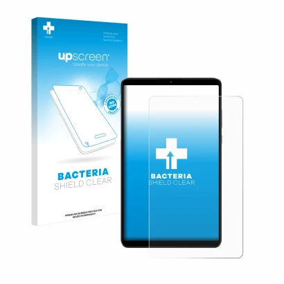 Face avant d’un emballage produit avec le logo de la marque upscreen. À côté, l’appareil Xiaomi Redmi Pad SE 8.7 4G est représ