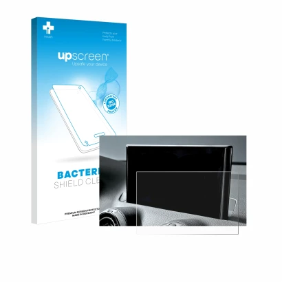 Face avant d’un emballage produit avec le logo de la marque upscreen. À côté, l’appareil Audi Q2 Facelift 2024 est représenté 