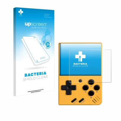 Face avant d’un emballage produit avec le logo de la marque upscreen. À côté, l’appareil Miyoo Mini V4 est représenté avec la 