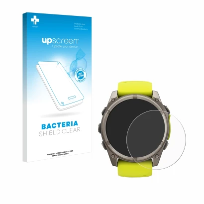 Face avant d’un emballage produit avec le logo de la marque upscreen. À côté, l’appareil Garmin Fenix 8 Solar (51 mm) est repr