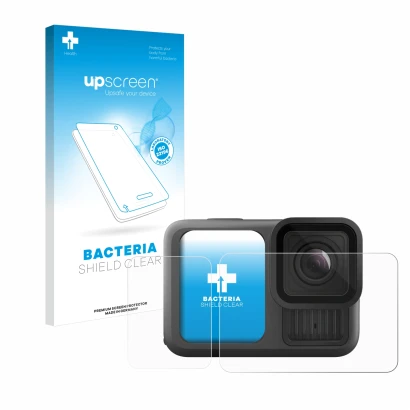 Face avant d’un emballage produit avec le logo de la marque upscreen. À côté, l’appareil GoPro Hero 13 Black est représenté av