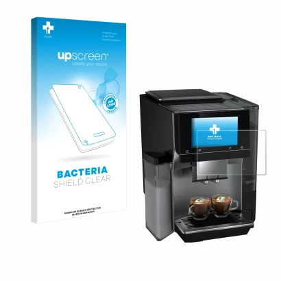 Face avant d’un emballage produit avec le logo de la marque upscreen. À côté, l’appareil Siemens EQ700 est représenté avec la 