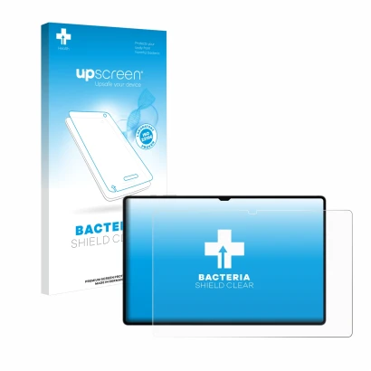 Face avant d’un emballage produit avec le logo de la marque upscreen. À côté, l’appareil Samsung Galaxy Tab S10 Ultra 5G est r