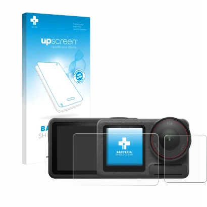 Face avant d’un emballage produit avec le logo de la marque upscreen. À côté, l’appareil DJI Osmo Action 5 Pro (case-friendly)
