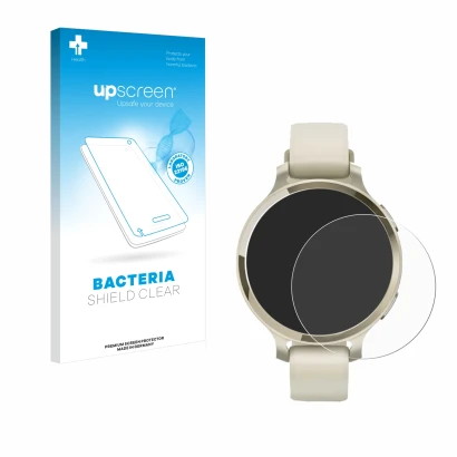Face avant d’un emballage produit avec le logo de la marque upscreen. À côté, l’appareil Garmin Lily 2 Active est représenté a