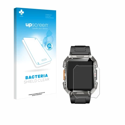 Face avant d’un emballage produit avec le logo de la marque upscreen. À côté, l’appareil Baolubao W60 est représenté avec la p