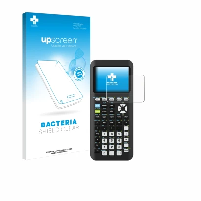 Face avant d’un emballage produit avec le logo de la marque upscreen. À côté, l’appareil Texas Instruments TI-84 Plus CE-T Pyt