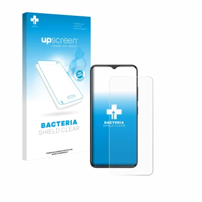 Face avant d’un emballage produit avec le logo de la marque upscreen. À côté, l’appareil ZTE Blade A34 est représenté avec la