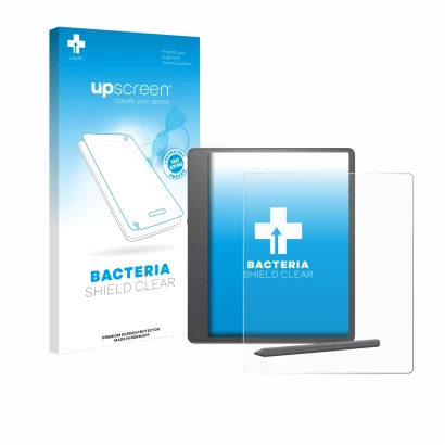 Face avant d’un emballage produit avec le logo de la marque upscreen. À côté, l’appareil Amazon Kindle Scribe 2024 est représe