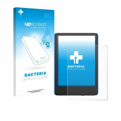 Face avant d’un emballage produit avec le logo de la marque upscreen. À côté, l’appareil Amazon Kindle Kids (2024) est représe