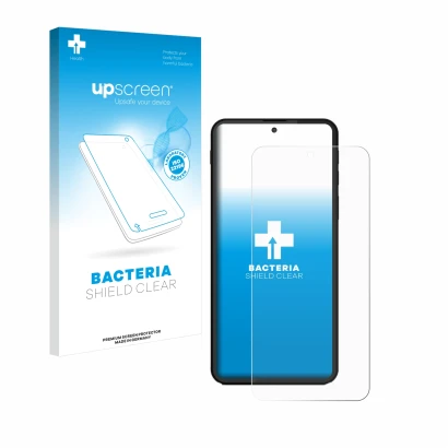 Face avant d’un emballage produit avec le logo de la marque upscreen. À côté, l’appareil Shiftphones Shiftphone 8.1 est représ