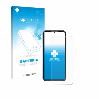 Face avant d’un emballage produit avec le logo de la marque upscreen. À côté, l’appareil Oukitel WP52 est représenté avec la p