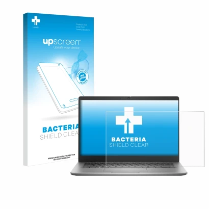 Face avant d’un emballage produit avec le logo de la marque upscreen. À côté, l’appareil Dell Latitude 3340 Laptop 13.3" est r