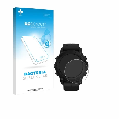 Face avant d’un emballage produit avec le logo de la marque upscreen. À côté, l’appareil Garmin Descent G1 Solar est représent