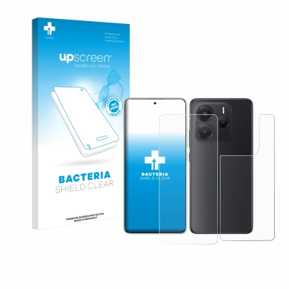 Face avant d’un emballage produit avec le logo de la marque upscreen. À côté, l’appareil Xiaomi Redmi Note 14 (Avant+Arrière) 