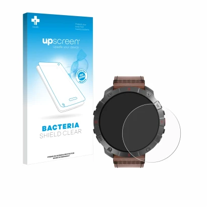 Face avant d’un emballage produit avec le logo de la marque upscreen. À côté, l’appareil Polar Grit X2 Pro Titan est représent