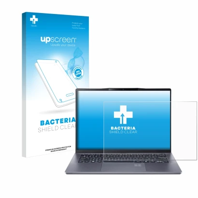 Face avant d’un emballage produit avec le logo de la marque upscreen. À côté, l’appareil Acer Swift Go 14 AI est représenté av