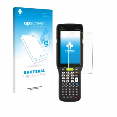 Face avant d’un emballage produit avec le logo de la marque upscreen. À côté, l’appareil Zebra MC3400 est représenté avec la p