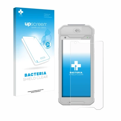 Face avant d’un emballage produit avec le logo de la marque upscreen. À côté, l’appareil Dojo Pocket est représenté avec la pr