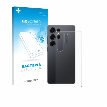 Face avant d’un emballage produit avec le logo de la marque upscreen. À côté, l’appareil Samsung Galaxy S25 Ultra (Arrière) es
