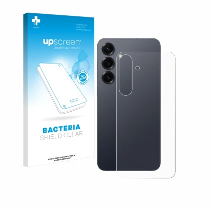 Face avant d’un emballage produit avec le logo de la marque upscreen. À côté, l’appareil Samsung Galaxy S25 Plus (Arrière) est
