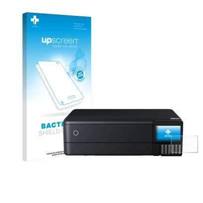 Face avant d’un emballage produit avec le logo de la marque upscreen. À côté, l’appareil Epson EcoTank ET-8550 est représenté