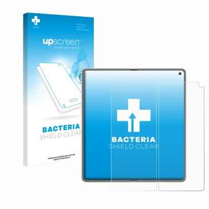 Face avant d’un emballage produit avec le logo de la marque upscreen. À côté, l’appareil Huawei Mate X6 (Affichage interne) es