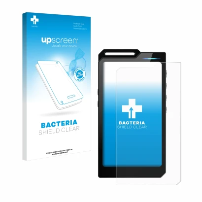 Face avant d’un emballage produit avec le logo de la marque upscreen. À côté, l’appareil Hiby R4 est représenté avec la protec