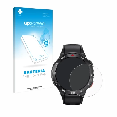 Face avant d’un emballage produit avec le logo de la marque upscreen. À côté, l’appareil Xiaomi Mibro GS Pro est représenté av