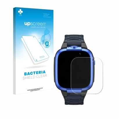 Face avant d’un emballage produit avec le logo de la marque upscreen. À côté, l’appareil Xiaomi Mibro Kids Z3 est représenté a