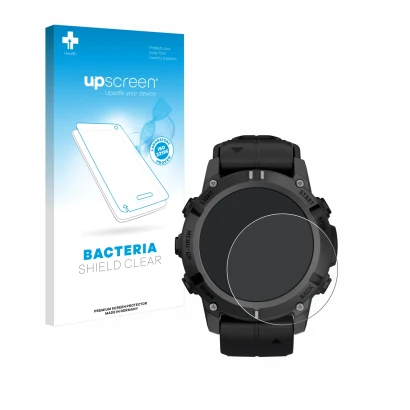 Face avant d’un emballage produit avec le logo de la marque upscreen. À côté, l’appareil Garmin Descent G2 est représenté avec